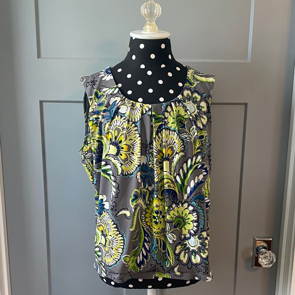 Evan Picone Floral Blouse - Gray yellow green white